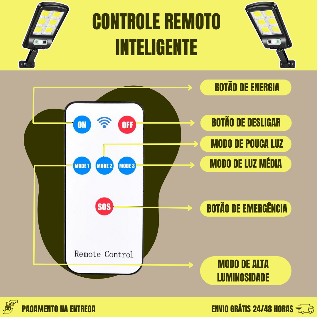 Luz LED solar com controlo remoto e sensor de movimento